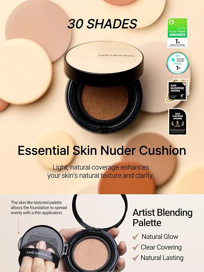 JUNG SAEM MOOL Essential Skin Nuder Cushion 10W Shell 0.49 Fl Oz, No Refill, Natural Radiant Finish Cushion Foundation with Buildable Coverage, Lightweight Texture, Korean Foundation Makeup
