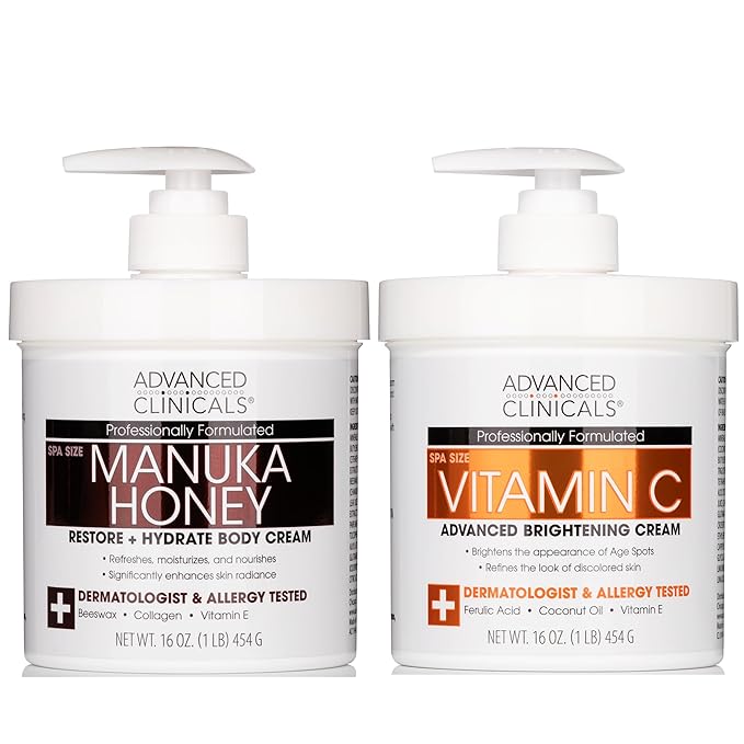 Advanced Clinicals Vitamin C Brightening Cream + Manuka Honey Body Lotion & Face Moisturizer 2pc Skincare Set For Women & Men | Body Butter Creams Help Reduce Appearance Of Dark Spots & Dry Skin, 2pc