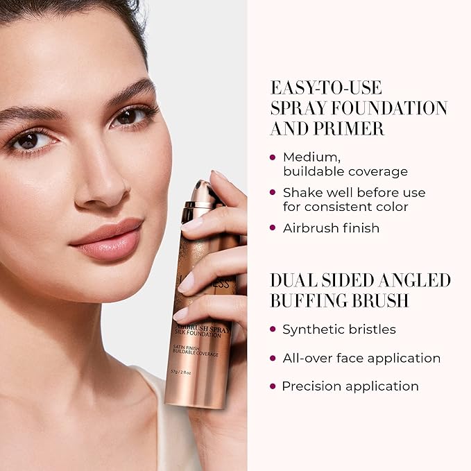 LUMINESS Airbrush Spray Silk Foundation Starter Kit - Warm Dark - Foundation, Primer & Dual-Sided Angled Buffing Brush - Medium, Buildable Coverage, Anti-Aging Formula Hydrates & Moisturizes