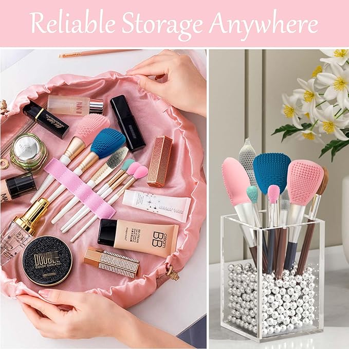 Silicone Travel Make-up Brush Holder with Cleaner Mat Pad, Organizer Case Covers for Foundation Eye Lip Brushes Storage Cleaning, Gift for Women Girl-friend Mother Wife, 5-Pcs Large + 7 Small, Pink