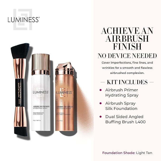 LUMINESS Airbrush Spray Silk Foundation Starter Kit - Warm Deep - Foundation, Primer & Dual-Sided Angled Buffing Brush - Medium, Buildable Coverage, Anti-Aging Formula Hydrates & Moisturizes