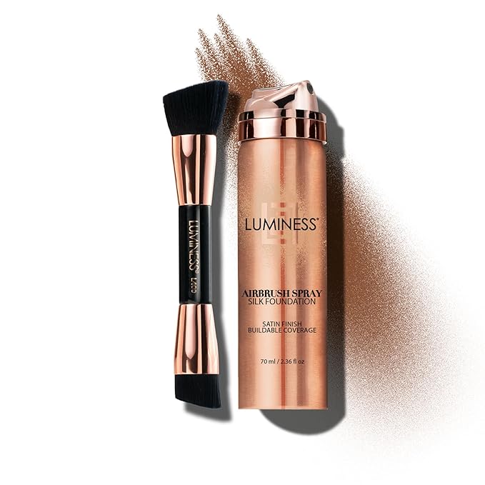 LUMINESS Silk Airbrush Spray Foundation & Buffing Brush Kit – Full Coverage Foundation & Dual-Sided Buffing Brush - Buildable Coverage, Anti-Aging Formula Hydrates & Moisturizes (Shade - Deep Rich)