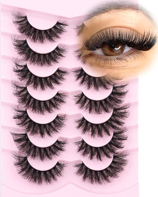 Mink Lashes Fluffy D-Curl False Eyelashes 20mm Long Volume Lashes That Look Like Extensions Cat Eye Fake Lashes Faux Mink Strip Lashes Pack 7 Pairs