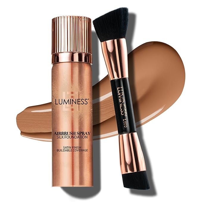LUMINESS Silk Airbrush Spray Foundation & Buffing Brush Kit – Full Coverage Foundation & Dual-Sided Buffing Brush - Buildable Coverage, Anti-Aging Formula Hydrates & Moisturizes (Shade - Light Tan)