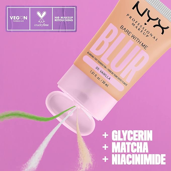 NYX PROFESSIONAL MAKEUP Bare With Me Blur Skin Tint Foundation Make Up with Matcha, Glycerin & Niacinamide - Vanilla