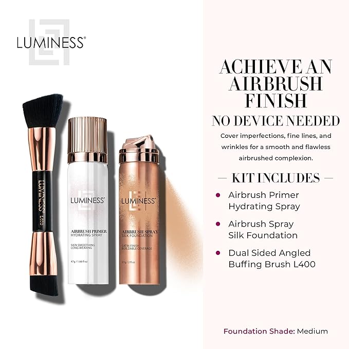 LUMINESS Airbrush Spray Silk Foundation Starter Kit - Medium - Foundation, Primer & Dual-Sided Angled Buffing Brush - Medium, Buildable Coverage, Anti-Aging Formula Hydrates & Moisturizes