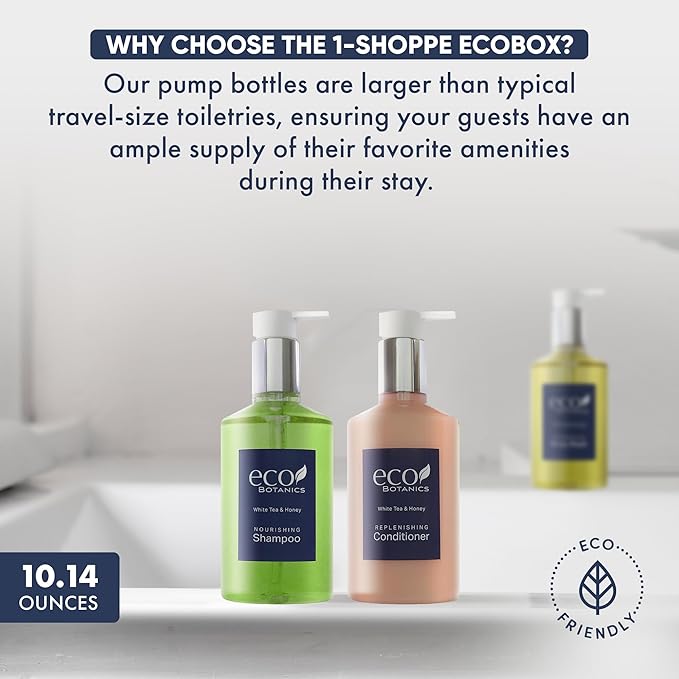 1-Shoppe Eco Botanics 10 Piece Ecobox All-In-Kit | White Tea and Honey Soap | 3 Shampoo, 2 Conditioner, 3 Body Wash & 2 Lotion | 10.14oz Hotel Soaps and Toiletries Bulk | Personal Care Products