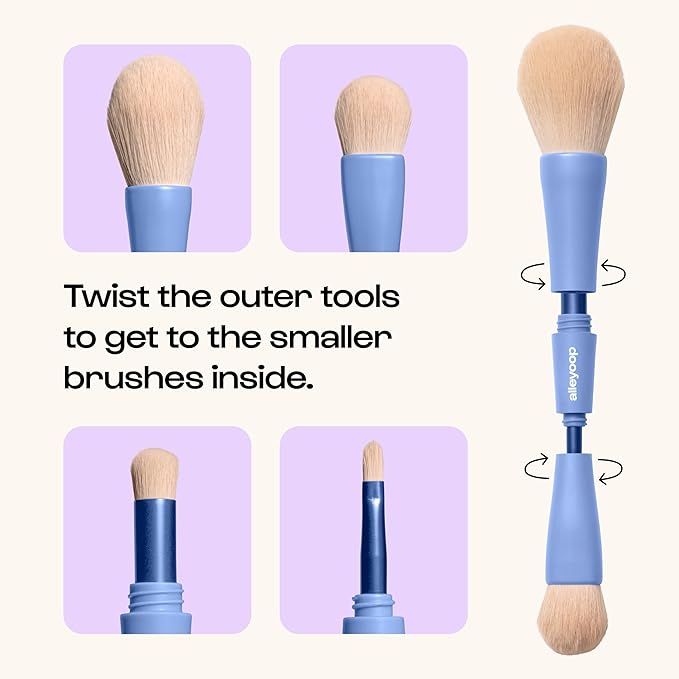 Alleyoop Overachiever 4-in-1 Travel Makeup Brush Set – Powder, Blending, Precision & Complexion Brushes – Mini Makeup Brush for Women, Vegan, Multi-Use & Travel-Friendly Makeup Tool