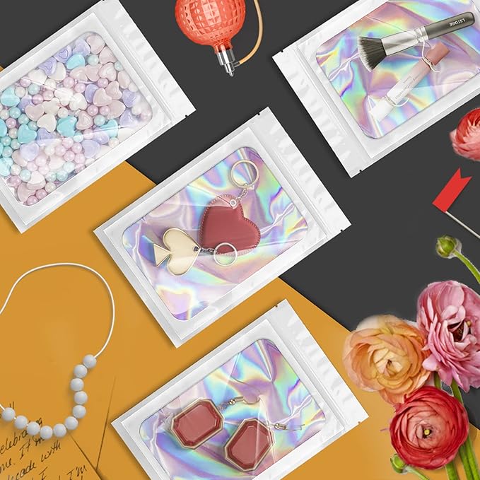 100 Pack Holographic Bags, Smell Proof Packaging Bags, Clear Window Resealable Odor Foil Pouch Mylar Bag for Food Storage and Lipgloss, Jewelry Lash (White, 3 x 4.7 Inch)