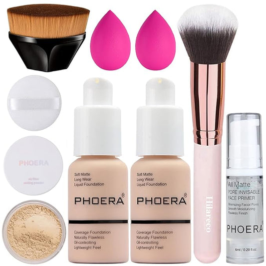 PHOERA Foundation, Full Coverage Foundation, PHOERA Primer, PHOERA Powder, PHOERA Makeup Set, Kabuki Makeup Brushes Foundation Brush Powder Brush,2 Pcs Makeup Sponge (2PCS 101- Porcelain)