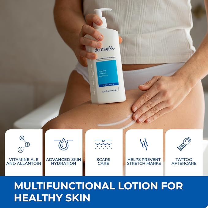 Dermaglos Moisturizing Body Lotion for Dry Skin with Extra Vitamin A, Vitamin E & Allantoin | Regenerating Lightweight Moisturizer for Stretch Marks, Tattoos Aftercare, Scars & Wrinkles | 13.52 Fl Oz