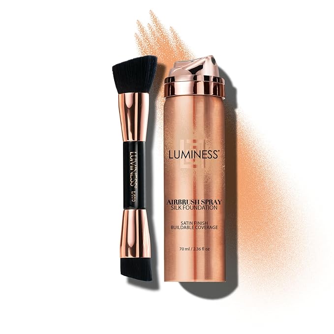 LUMINESS Silk Airbrush Spray Foundation & Buffing Brush Kit – Full Coverage Foundation & Dual-Sided Buffing Brush - Buildable Coverage, Anti-Aging Formula Hydrates & Moisturizes (Shade - Medium)