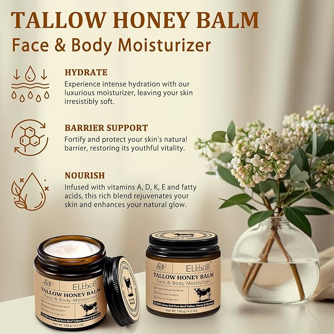 Whipped Tallow Cream for Face & Body - 100% Grass-Fed Beef Tallow, Natural Honey & Beeswax Moisturizer, Deep Hydration & Nourishment, Oil-Free & Unscented, Fast Absorbing