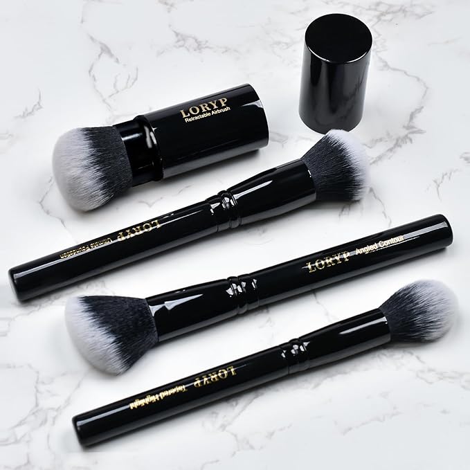 LORYP 4 Pcs Full Face Professional Makeup Brushes Set with Retractable Kabuki Airbrush For Powder,Liquid,Cream,Angled Blush Brush, Foundation Brush, Tapered Highlight Brush