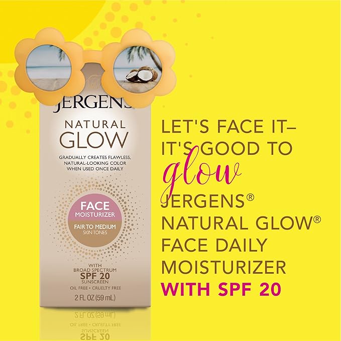 Jergens Natural Glow Face Self Tanner Body Lotion with SPF 20, Fair to Medium Skin Tone, Sunless Tanning, Daily Facial Sunscreen, Oil Free, Broad Spectrum UVA and UVB Protection, 2 Oz