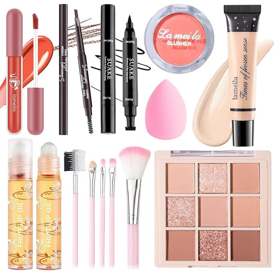 Makeup Set for Girls Teens Women, Makeup Present Set, Makeup Kit, Includes Eyeshadow Palette, Foundation, Blusher, Eyebrow Pencil, Eyeliner, Lip Gloss, Lip Oil, Makeup Brushes & Sponge