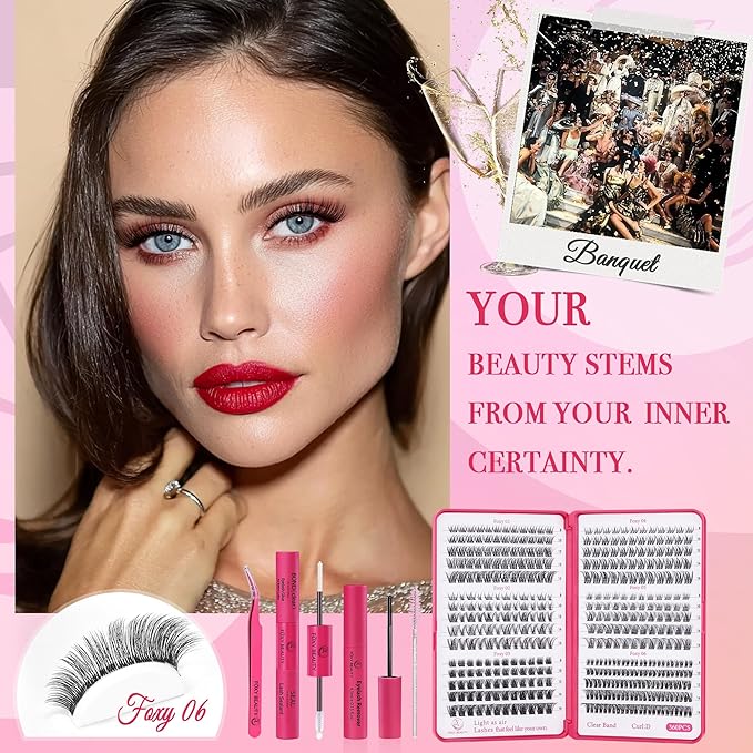Nova Lash Clusters Kit - 360 pcs Lash Clusters Natural Look Invisible Band Eyelash Clusters Lash Extension Kit with Bond and Seal 0.07D D Curl WideSpan Cluster Eyelash Extension Kit 8-16mm DIY at Home