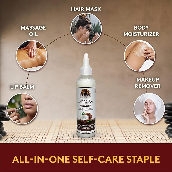 Okay 100% Pure Coconut Oil for Hair & Skin - Coconut Oil for Women & Men, Perfect for Hair & Body, for Massage & Moisturizer, Natural - 4 fl oz Squeeze Bottle (Pack of 1)