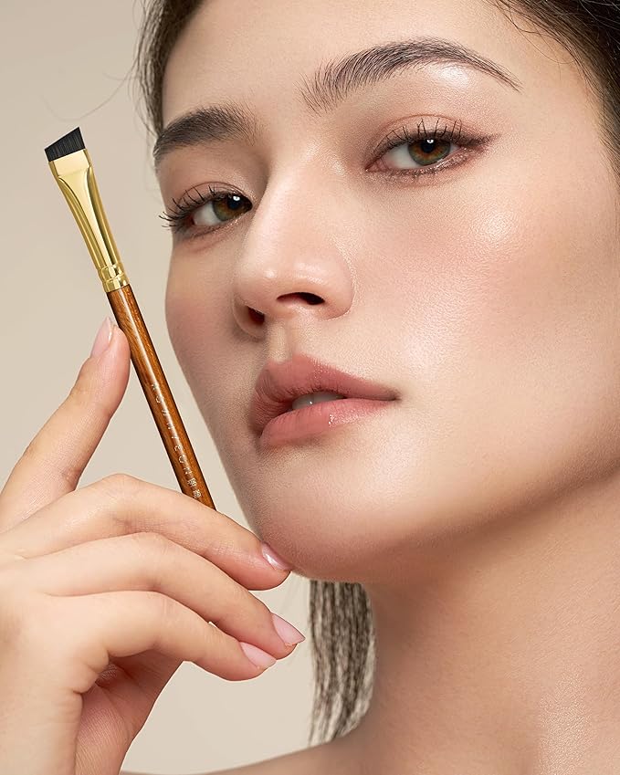 Desert Oak Series MicroBlade Angled Brow Brush - 11mm Ultra-Fine Nylon Bristles for 1mm Hair Strokes, Pomade/Gel/Powder Application, Bubinga & Brass (CM 190)