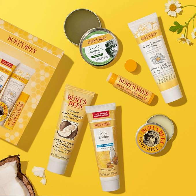 Burt's Bees Back to School Gifts Ideas, 6 College Dorm Products, Timeless Minis Set – Beeswax Lip Balm, Coconut Foot Cream, Milk & Honey Body Lotion, Deep Cleansing Cream, Res-Q Ointment & Hand Salve