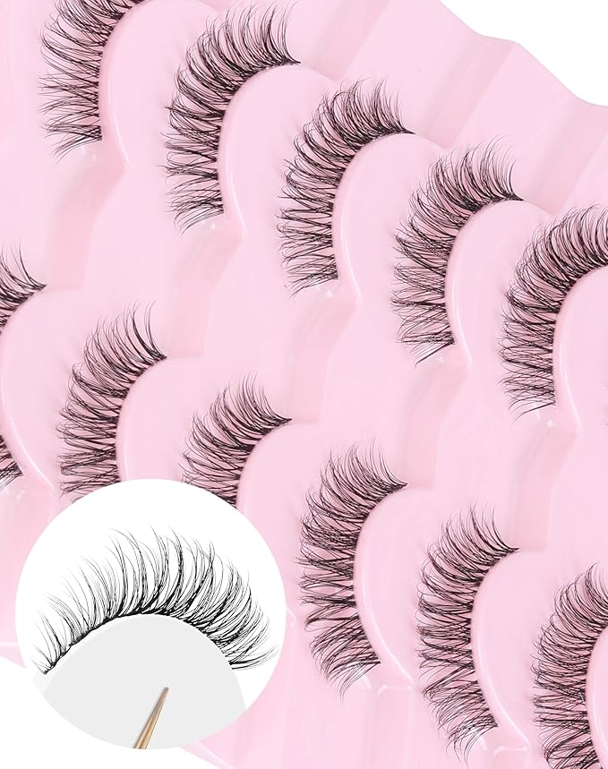 Eyelashes Wispy Lashes Natural Mink Eye Lashes Pack Clear Band Strip Lashes That Look Like Extensions Short False Eyelashes Natural 7 Pairs