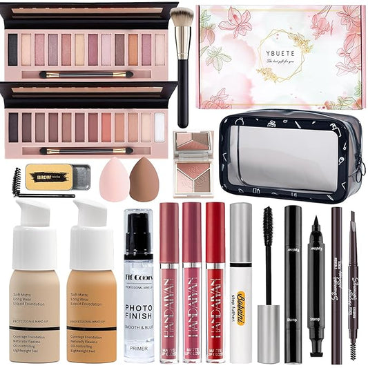 Makeup Set Kit for Women Full Kit, Makeup Gift for Makeup Beginner, Eyeshadow Foundation Face Primer Brush 3 in 1 Palette Lip Gloss, Eyebrow Soap Mascara Eyeliner cosmetic bag