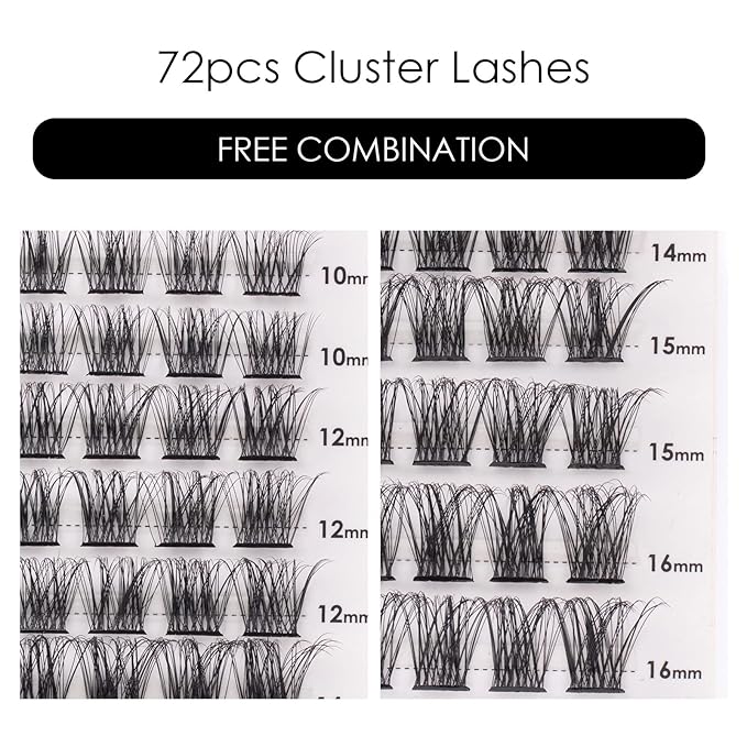 Cluster Lashes 72 Individual Lashes Clusters Eyelash Extensions False Eyelashes DIY Lash Extension Kit Reusable False Eyelashes Natural Look Mix 10-16mm C D Curl-DM17