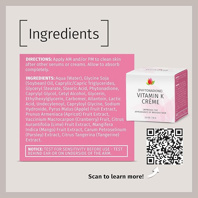 Reviva Labs Vitamin K Crème for Bruising, Under-Eye Dark Circles, and Wrinkles with Soybean Oil and Natural Fruit Extracts - 2 Oz, for Skin and Face