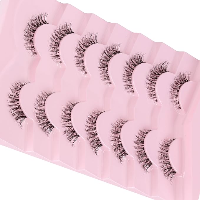 Cat Eyelashes Wispy False Eyelashes Natural 12mm Short Lashes with Thin Band Fake Eyelash 3D Volume Strip Lashes Siligli Eyelash Pack 7 Pair