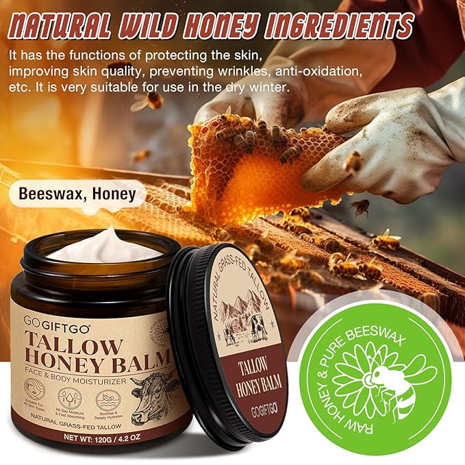 Beef Tallow for Skin,Tallow and Honey Balm,Beef Tallow for Face,Tallow Face Moisturizer,Natural Moisturizer Hydrates,Deeply Nourishes the Skin, Enhances Natural Radiance (1pcs)