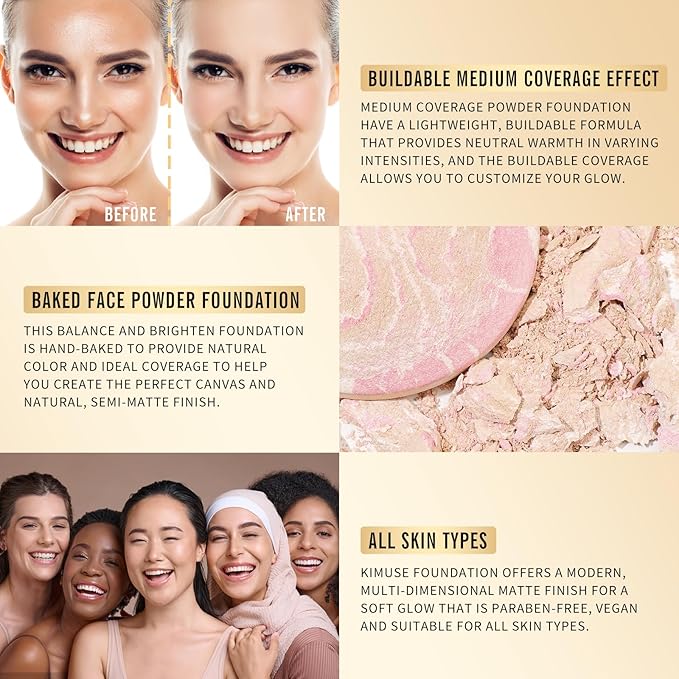 KIMUSE Lighting Glow Baked Foundation, Brighten Color, Color Corrector, Buildable Coverage, Lightweight Powder Foundation, Radiant Natural Finish