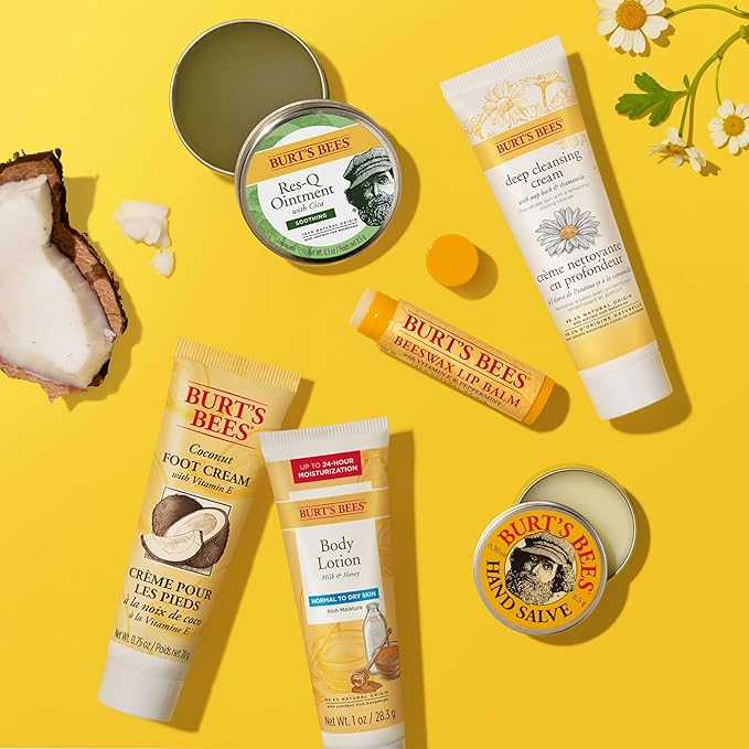Burt's Bees Back to School Gifts Ideas, 6 College Dorm Products, Timeless Minis Set – Beeswax Lip Balm, Coconut Foot Cream, Milk & Honey Body Lotion, Deep Cleansing Cream, Res-Q Ointment & Hand Salve