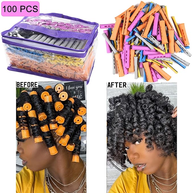 100pcs Perm Rods Set - 5 Sizes Cold Wave Rollers for Natural Curling, Styling and Hairdressing (Orange, Purple, Gray, Blue, Yellow)