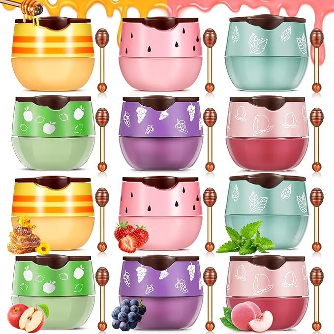 12 Pcs Bee Lip Balm Honey Pot with Brush Propolis Lip Mask Overnight, Moisturizing Hydrating Lip Sleeping Mask Prevention Dry and Cracked(Honey+Peach+Grape+Strawberry+Apple Lime+Mint)
