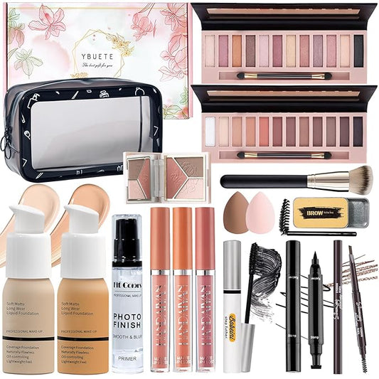 Makeup Set Kit for Women Full Kit, Makeup Present for Women Teen Girl, Eyeshadow Foundation Face Primer Brush 3 in 1 Palette Lip Gloss, Eyebrow Soap Mascara Eyeliner cosmetic bag