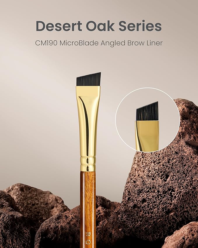 Desert Oak Series MicroBlade Angled Brow Brush - 11mm Ultra-Fine Nylon Bristles for 1mm Hair Strokes, Pomade/Gel/Powder Application, Bubinga & Brass (CM 190)