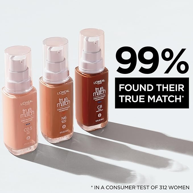 L'Oreal Paris True Match Super-Blendable Foundation, Medium Coverage Liquid Foundation Makeup, W6, Medium, 1 Fl Oz