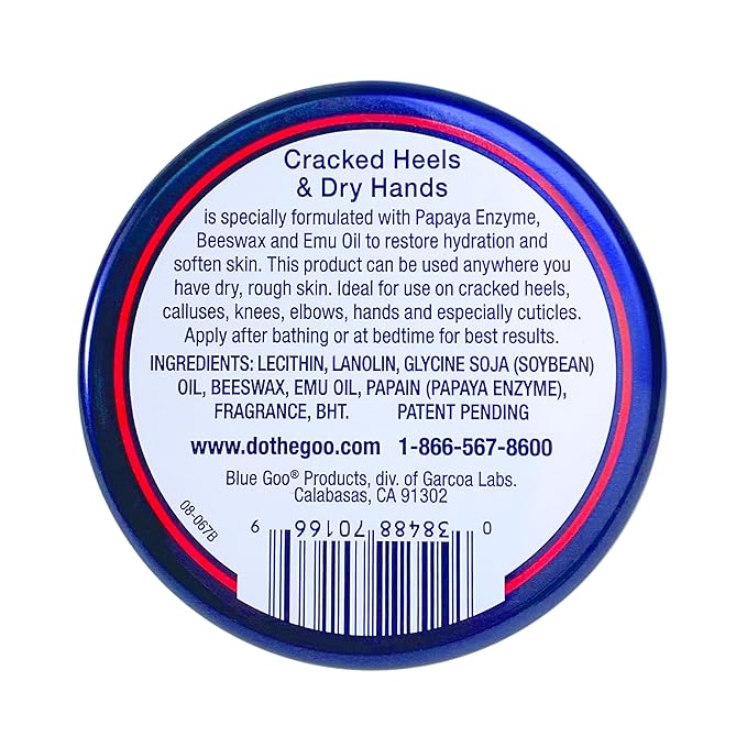 Blue Goo Cracked Heels & Dry Hands Intense Skin Softener - for Calluses, Corns & Elbow Dryness Relief, Fast- Penetrating Hydrating Moisturizer, Made w/ 100% Pure Emu Oil & Beeswax, 2 oz (2 Pack)