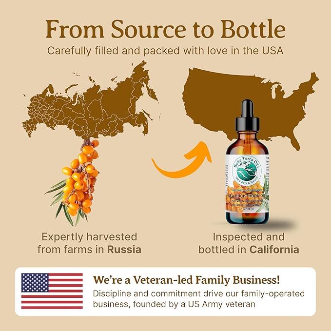 Bella Terra Oils - Organic Sea Buckthorn Oil 2 oz - Dive into Rich Essence of Organic Sea Buckthorn Berry, Packed with Vitamin C, E, & A, Omega-Fatty Acids Delight for Face