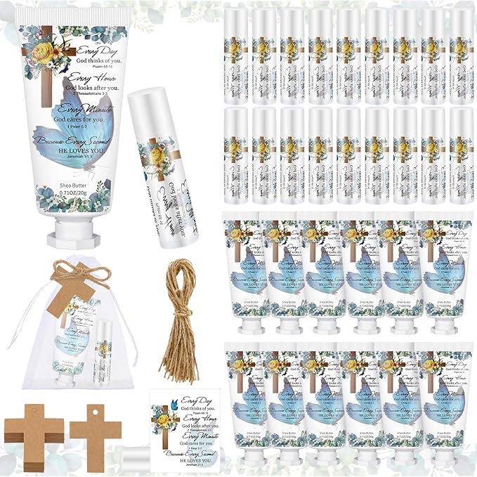 144 Pcs Christian Lip Balm Hand Cream Set Party Favors, Include 36 Bible Lip Balm 36 Moisturizing Hand Cream 36 Bags 36 Cards and Ropes for Accessories Gifts (Biblical, Cross)