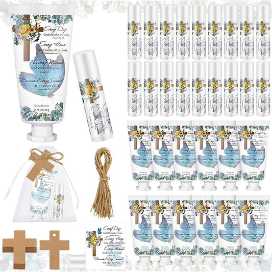 144 Pcs Christian Lip Balm Hand Cream Set Party Favors, Include 36 Bible Lip Balm 36 Moisturizing Hand Cream 36 Bags 36 Cards and Ropes for Accessories Gifts (Biblical, Cross)
