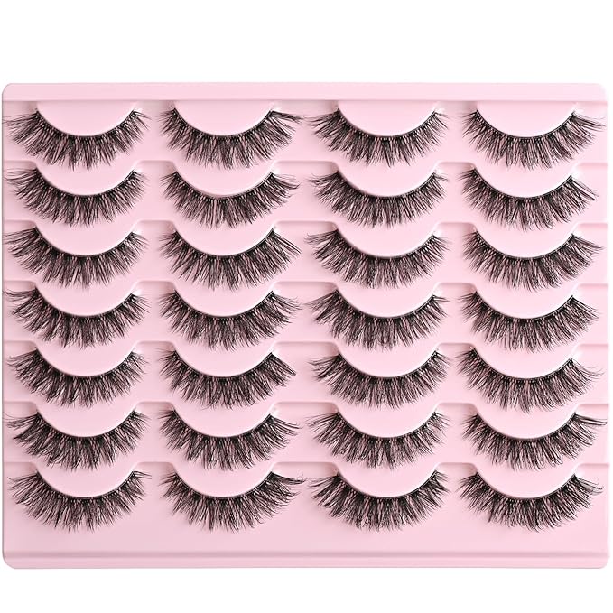 FARRED Cat Eye Lashes False Eyelashes Short Wispy Lash Strips Volume Eyelash 14 Pairs Cateye Medium Length False Clear Band Lashes Natural Looking Hybrid Clusters Full Strip Lashes (F25 | 8-14mm)