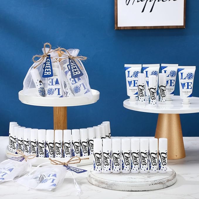 144 Pcs Blue Cheer Favors Natural Bulk Lip Balm and Hand Cream Set, Include 36 Lip Balm 36 Moisturizing Hand Cream 36 Bags 36 Card and Rope cheer accessories for Team Sports Party Supplies