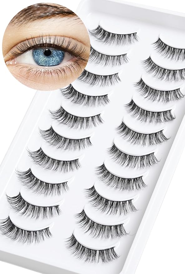 Lashes Wispy False Eyelashes Cat Eye Lashes Natural Look 3D Volume Fake Eyelashes Thin Band Lashes 12mm Natural Eye Lashes C Curl Siligli Lashes Pack 10 Pair