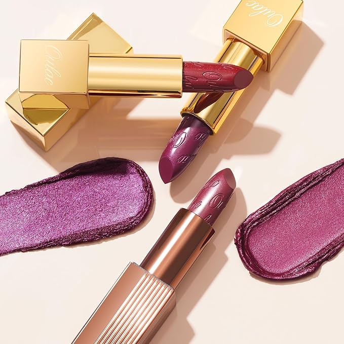 Oulac Metallic Puple Lipstick Set 3PCS, Comfortable Creamy Texture, Smooth No Grainy Feeling, Vegan & Gluten Free, Full-Coverage Lip Makeup, 3 X 4.3 g, 606+04+14