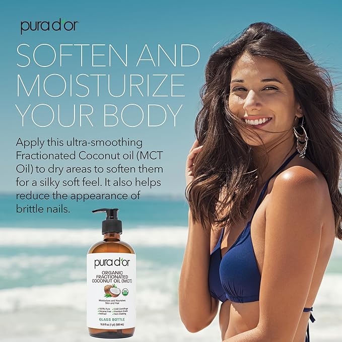 PURA D'OR 16.9 Oz ORGANIC Fractionated Coconut Oil MCT Oil (GLASS BOTTLE) 100% Pure & Natural USDA Certified Cold Pressed - Unscented, Hexane Free Moisturizer For Face, Skin & Hair Tonic - Men & Women