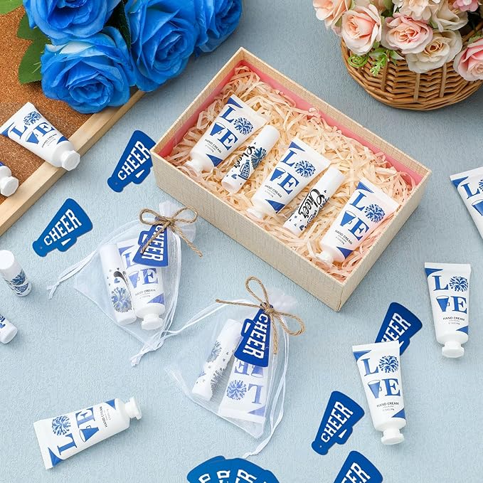 144 Pcs Blue Cheer Favors Natural Bulk Lip Balm and Hand Cream Set, Include 36 Lip Balm 36 Moisturizing Hand Cream 36 Bags 36 Card and Rope cheer accessories for Team Sports Party Supplies