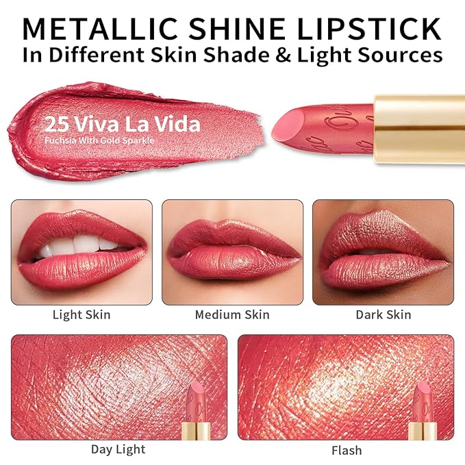Oulac Glitter Lipstick for Women with Metallic 3D Shine Lightweight Hydrating Formula, High Impact Lip Color, Vegan Beauty, Full Coverage Lip Makeup, Christmas Gifts for Women, Viva La Vida(25)