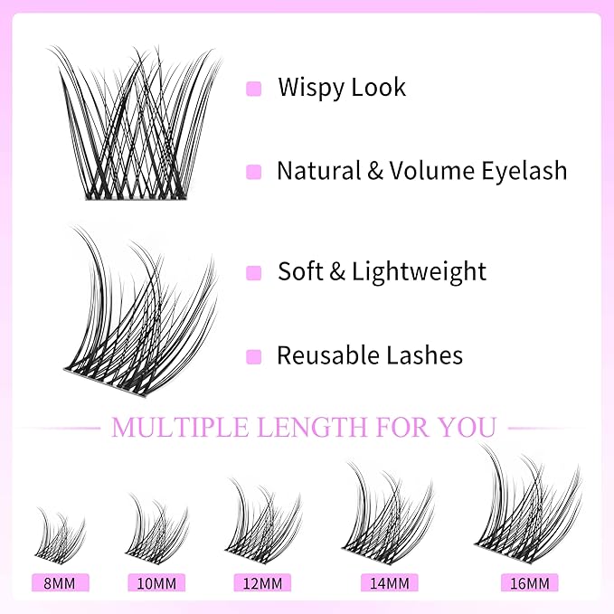 VEYESBEAUTY Lash Clusters Kit Individual Eyelash Extensions Thin & Invisible Band DIY False Eyelashes Newbie's Five-Second Series Wispy Lash Tray, LuxeBold KIT with Bond&Seal Remover Applicator