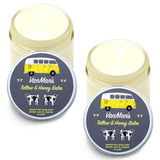 Vanman's Tallow and Honey Balm (2 Pack) - Tallow Face Moisturizer with Pure Grass-Fed/Finished Beef Tallow for Skin and Essential Oils, Organic Raw Honey and Beeswax, Cold Pressed Olive Oil - 2.5 oz